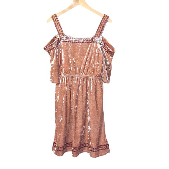 Lucky Brand boho crushed velvet cold shoulder embroidered dress size M - Picture 2 of 10